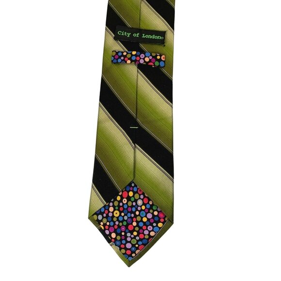 Green & Black Silk Neck Tie Diagonal Striped City of London Bold Retro - Picture 3 of 8
